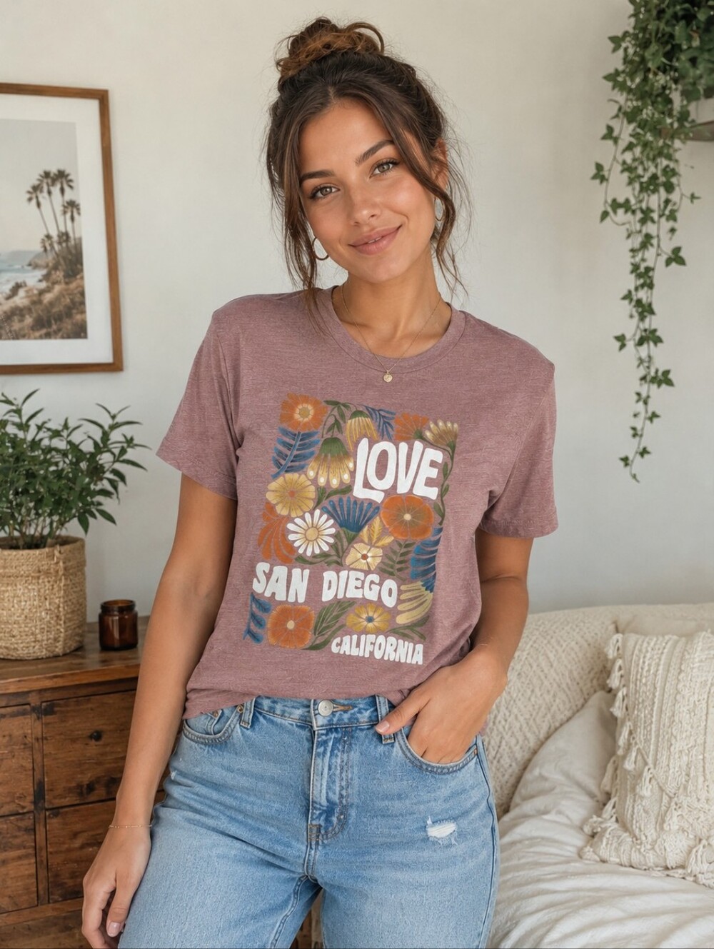 Techstyles Love San Diego California Graphic Tee Medium Boho Floral Soft Casual